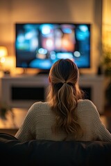 A young woman sitting on a sofa watching a movie on TV at home.