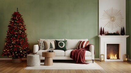 living room with christmas tree and gifts