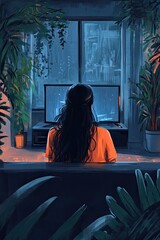 A young woman sitting on a sofa watching a movie on TV at home.