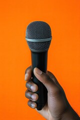 Black male hand holding a microphone on an orange background