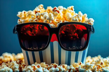 Cinemas, popcorn image, 3D glasses on a blue background. Internet cinema concept