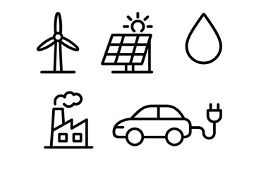 Set of black and white outline graphics representing clean energy, solar, wind, electric cars, and environment
