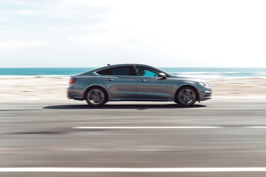 Generative AI sleek silver sedan cruising along coastal highway during daytime perfect for travel - Powered by Adobe