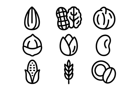 Outline icons of common nuts, seeds, and grains used in cooking and farming