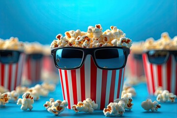 Cinemas, popcorn image, 3D glasses on a blue background. Internet cinema concept