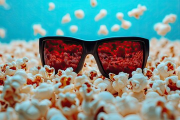 Cinemas, popcorn image, 3D glasses on a blue background. Internet cinema concept