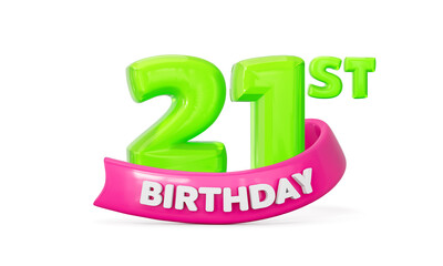 Celebrating 21st birthday with bright green glossy 3D numbers and pink banner. 3d illustration