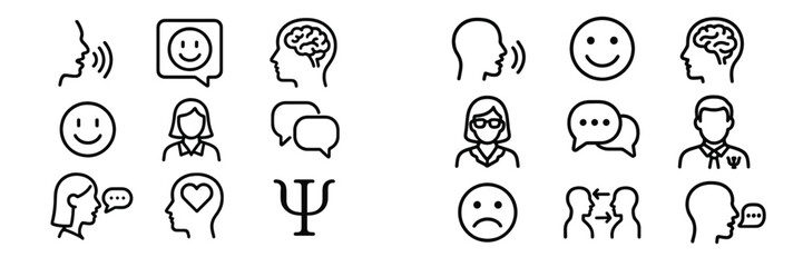 Minimalist line symbols representing psychology, mental health, and communication concepts