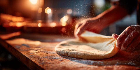 Hands stretching soft pizza dough on a floured wooden surface in warm evening light, capturing artisan preparation and tactile texture.