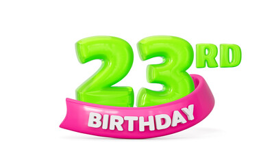 Vibrant 23rd birthday celebration graphic with glossy green numbers and pink ribbon. 3d illustration