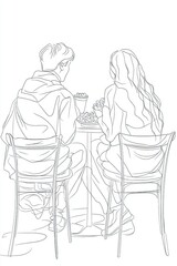 Continuous one line drawing of couple watching movie and eating popcorn in cinema,