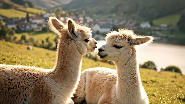 Baby alpacas rest on hillside overlooking lake and village view. Young llamas sit on grass meadow. Alpaca babies together by lake. Farm animals rest on hillside with village and lake landscape.