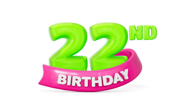 22nd Birthday glossy neon green numbers with bright pink celebratory ribbon. 3d illustration - Powered by Adobe