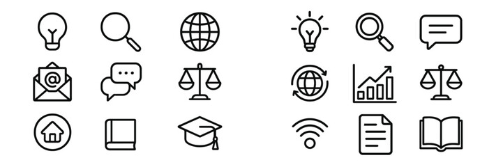 Outline icons set for education, business, communication, and legal concepts