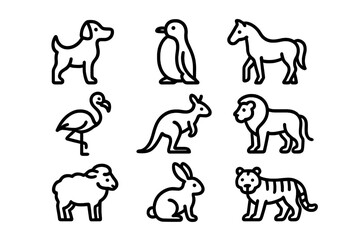 Nine outline icons set featuring various animals: dog, lion, tiger, horse, and kangaroo