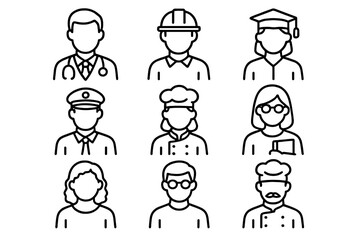 Set of simple line icons representing diverse professional occupations and people avatars