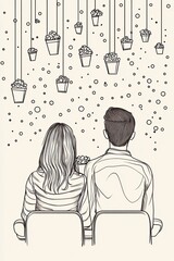 Continuous one line drawing of couple watching movie and eating popcorn in cinema,