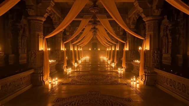 Intricately Decorated Hindu Temple Hall with Traditional Lighting and Orange Drapes for Ram Navami Celebrations