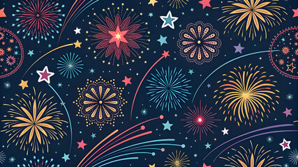 A vibrant pattern featuring colorful fireworks bursts, sparkles, stars, and glowing light trails on a dark midnight background. Energetic celebration vibe perfect for New Year themes
