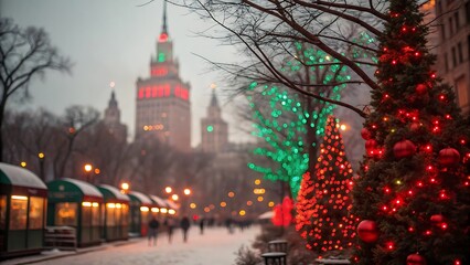 Snowy Urban Christmas Market Scene with Red Illuminated Tree and City Skyline
