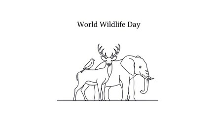 World wildlife day illustration featuring a deer, elephant, and bird in a simple line art style on a white background