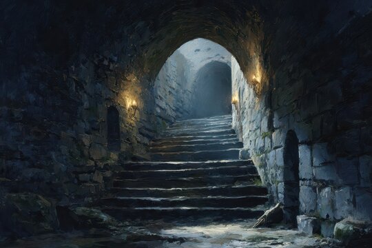 Ancient stone stairs in damp subterranean corridor of a fortress, archways and cool blue shadows - Powered by Adobe