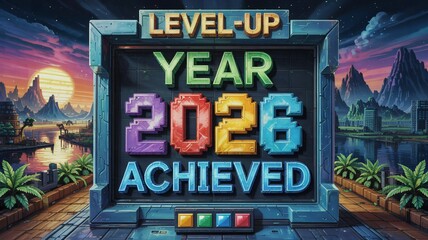 Pixel art video game screen showing level up year 2026 achieved