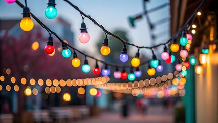 Colorful String Lights Hanging Over Urban Street at Dusk with Festive Bokeh
