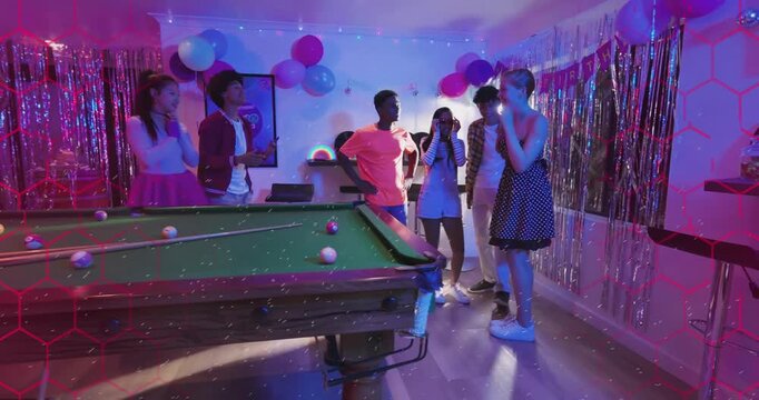 Group gathering pool table party, woman taking selfie, polka woman entering, group celebrating