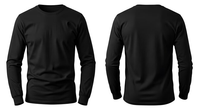 Classic black longsleeve tshirt, front and rear perspective, ideal for apparel branding and customization, isolated on white background