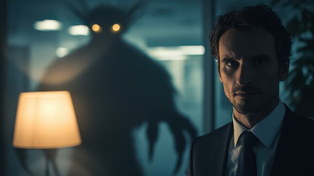 Anxious businessman confronts a shadow that morphs into a menacing monster in a modern office