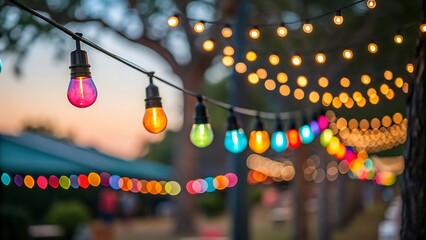Cozy Summer Evening Patio Scene with Illuminated Garland and Bokeh Background