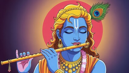 Obraz premium Digital Art: Depiction of Krishna Playing Flute