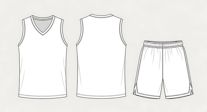 Blank white basketball jersey and shorts template, front and back view, for sports apparel design and mockup, ideal for customization