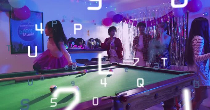 Striped woman nudging pool balls, group celebrating birthday, animated letters drifting across lens