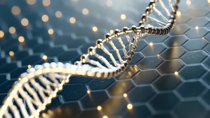 DNA strand visualized on hexagonal grid with data representation for analysis and research purposes, DNA strand and data analysis over hexagonal grid background - Powered by Adobe