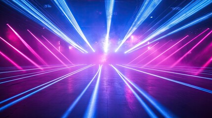 Laser light show. Bright LED laser beams, blue and pink stage lighting, LED strobe lights. Background
