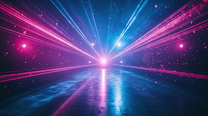 Laser light show. Bright LED laser beams, blue and pink stage lighting, LED strobe lights. Background