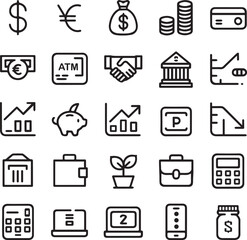 Collection of Financial and Business Icons in Black Outline Style on White Background dollar sign euro sign