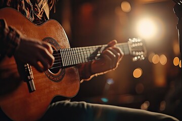 Live music performance with a singer playing an acoustic guitar on stage. Close-up of his hands and instrument.