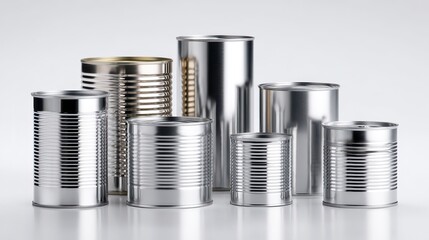 Assorted cylindrical metal containers with reflective surfaces for product photography