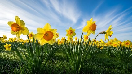 Vibrant yellow daffodils in a sunny spring field under blue sky