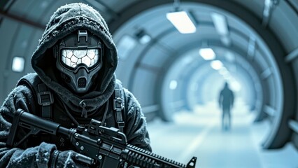 Close up of masked characters in the cabin door passage