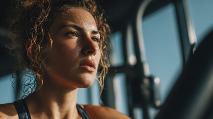 Athlete mindset: cropped gym scene with a steadfast woman exercising on an elliptical machine