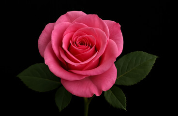 A vibrant pink rose unfurls its delicate petals in full bloom, framed by lush green leaves against a black backdrop.
