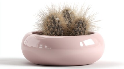 A small round cactus sits elegantly in a soft pastel pot, showcasing its fluffy spines. This plant adds a touch of nature and whimsy to any chic interior space