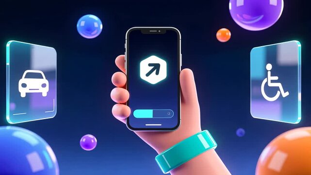A hand holding a smartphone with glowing icons and holographic panels for smart travel access, augmented reality travel apps, and accessibility through AR travel tools