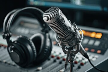 Professional microphone and headphones at the radio station,