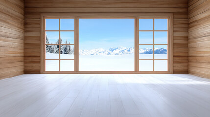 Fototapeta premium Cozy wooden cabin interior with large window overlooking snowy mountain landscape