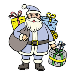 santa claus cartoon with gift box, Cheerful Santa Claus in a Light Blue Suit Holding a Gift Sack and Standing by Presents